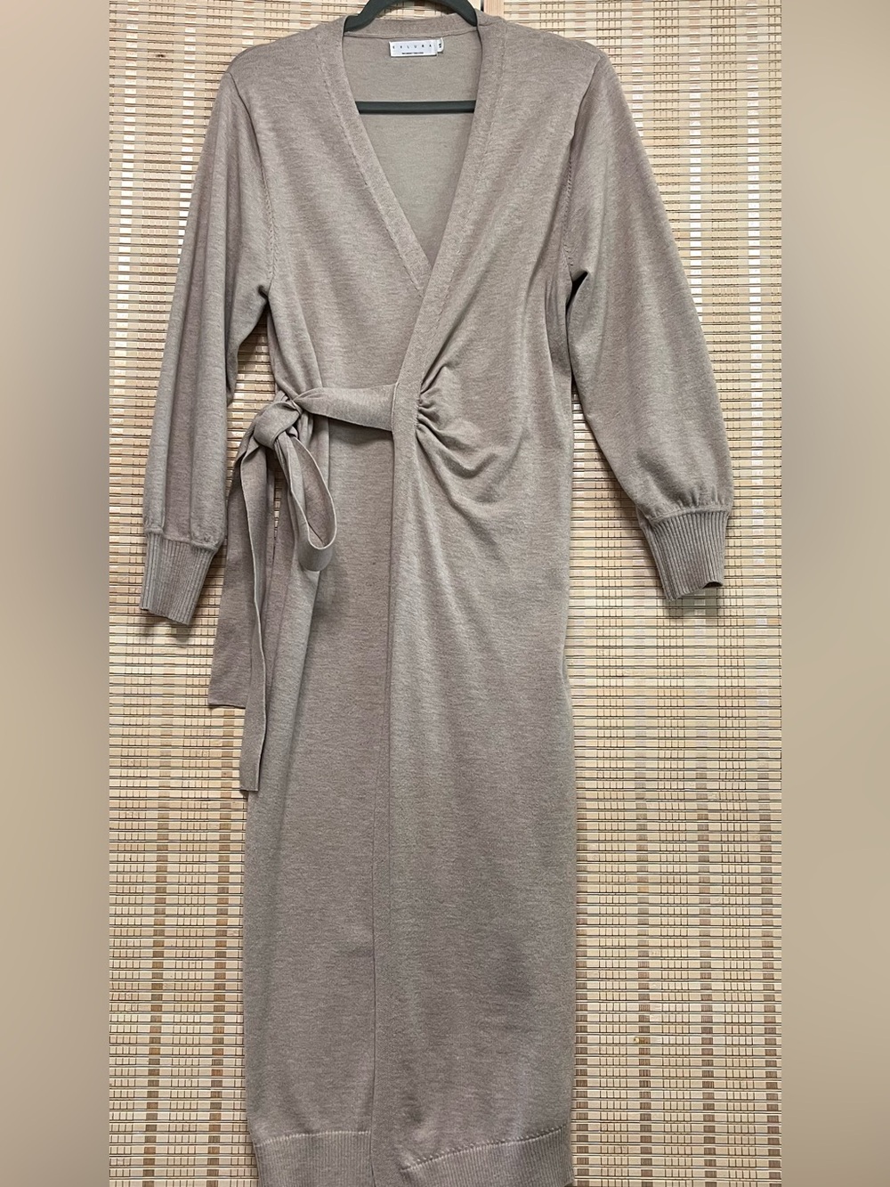 Khaki Wrap long Knit cardigan- dresswith Tie Waist
